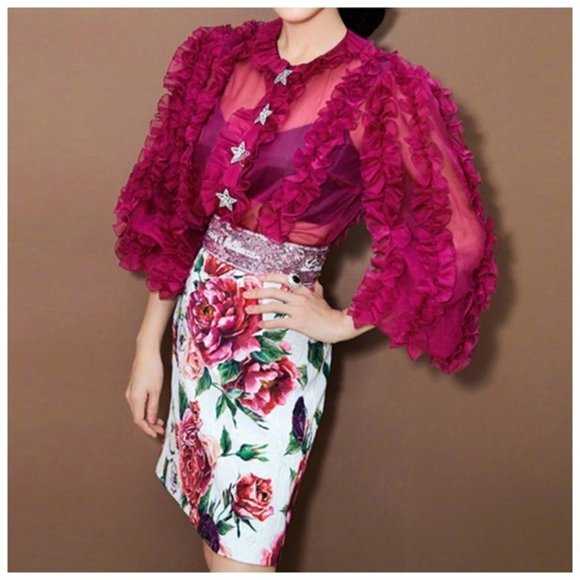 Sheer Fuchsia Ruffle Top Size Small - Picture 1 of 8